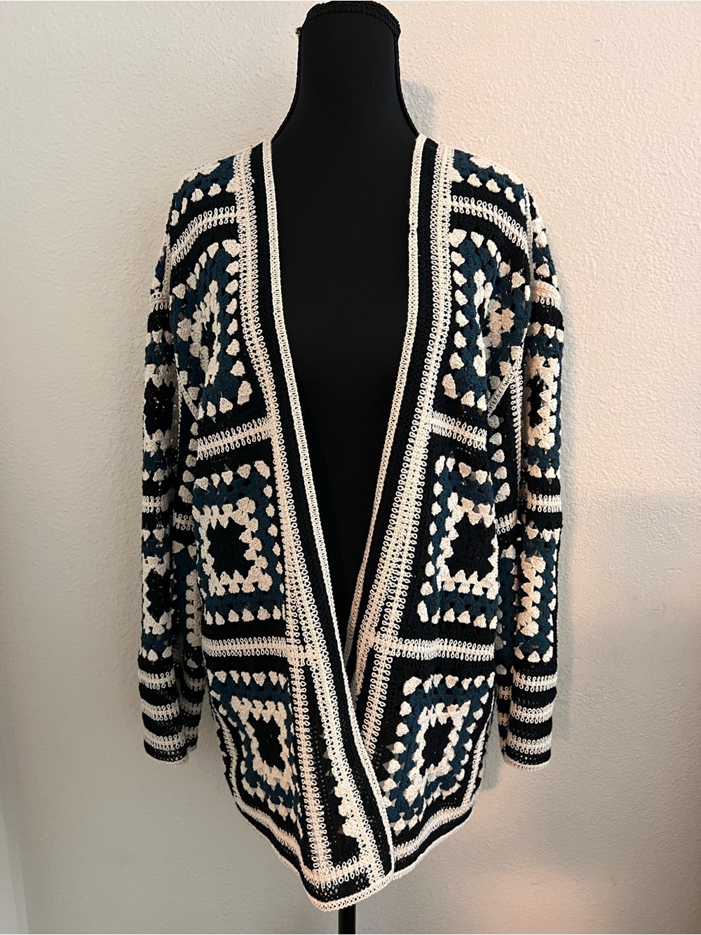 Zara Black, Cream & Teal Crochet Open-Front Cardigan Bohemian Style Boho